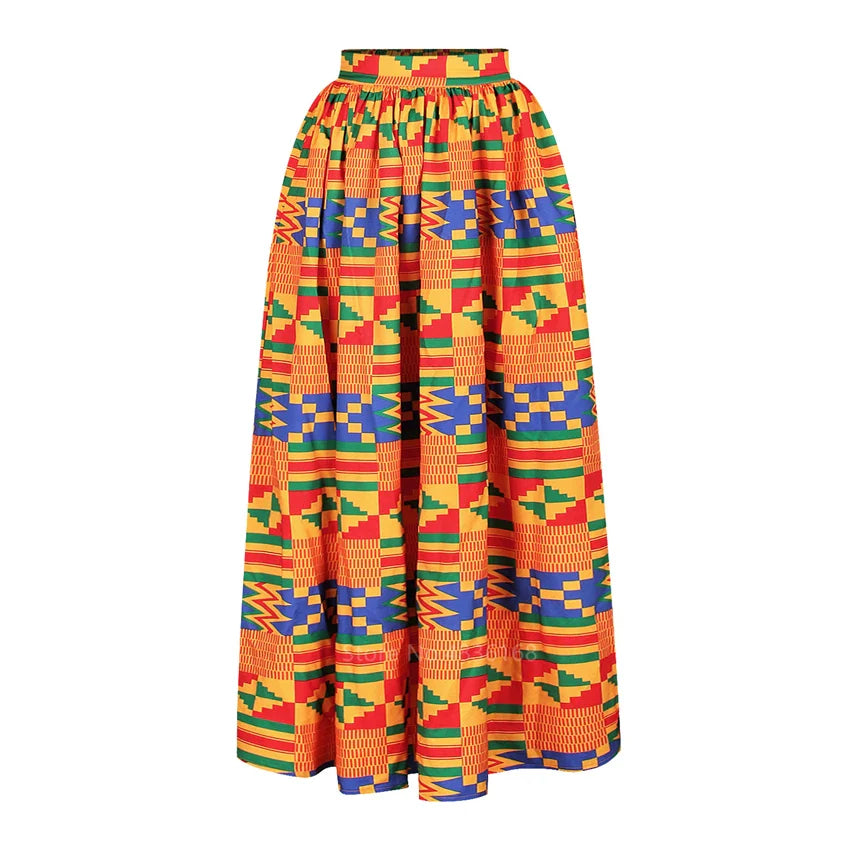Women's Autumn African Dashiki 2-Piece Set Full Sleeve Off Shoulder Top with Feather Print and Split Skirt Traditional Ethnic Clothing