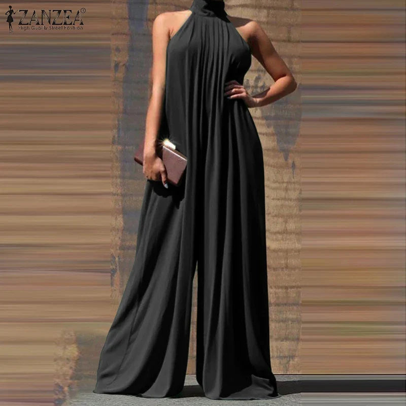 Elegant Sleeveless Wide Leg Jumpsuit for Women Party Casual Holiday Maxi Romper with Stand Collar and Back Button Closure