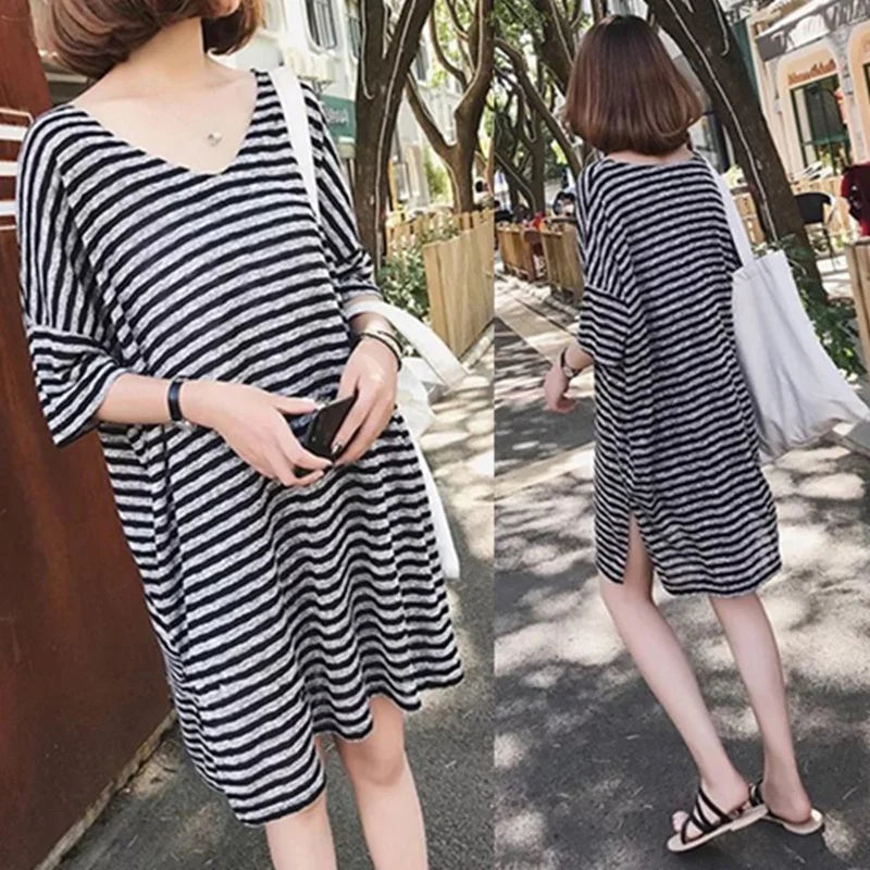 Summer Women's Striped T-Shirt Dress Loose Fit Short Sleeve Casual Tee for Home Wear