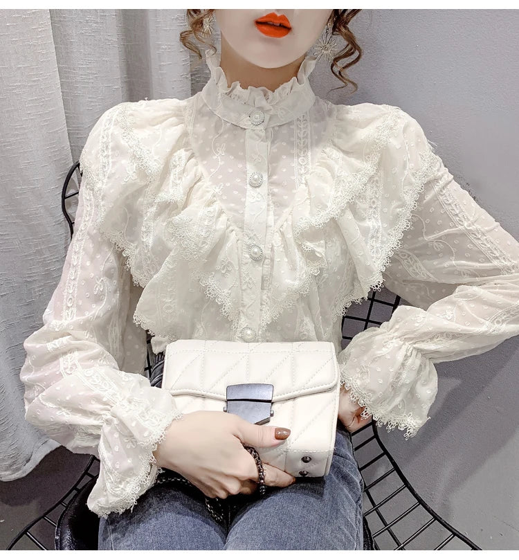 Elegant Women Long Sleeve Loose Button Shirt with Stand Collar Pleated Design Ruffle Lace Blouse Casual Spring Fashion Top