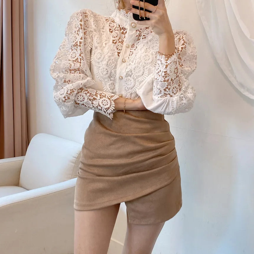 Elegant Hollow Out Long Sleeve Women Blouse with Petal Sleeves and Stand Collar, Stylish Office Shirt for Autumn Fashion