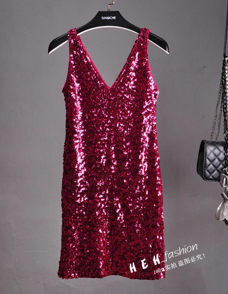 Sequin Dress Sleeveless Backless V Neck Party Nightclub