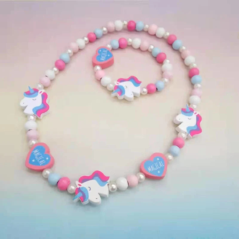 Colorful Cartoon Unicorn Wooden Jewelry Set for Kids Necklace and Bracelet Gifts