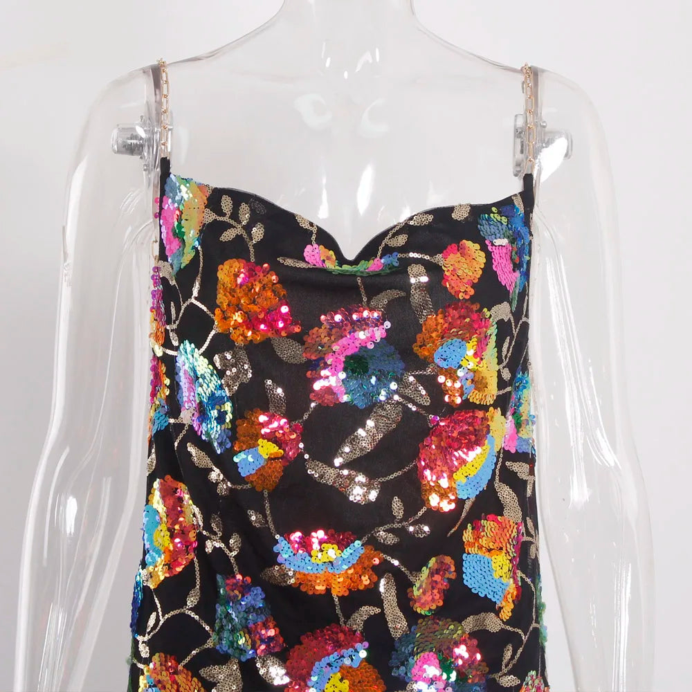 Floral Sequined Backless Mini Dress For Night Out Clubbing