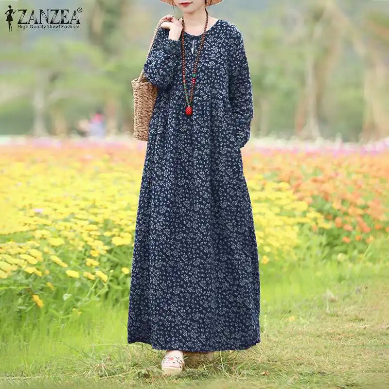 Floral Print Maxi Dress With Long Sleeves O Neck Boho Style