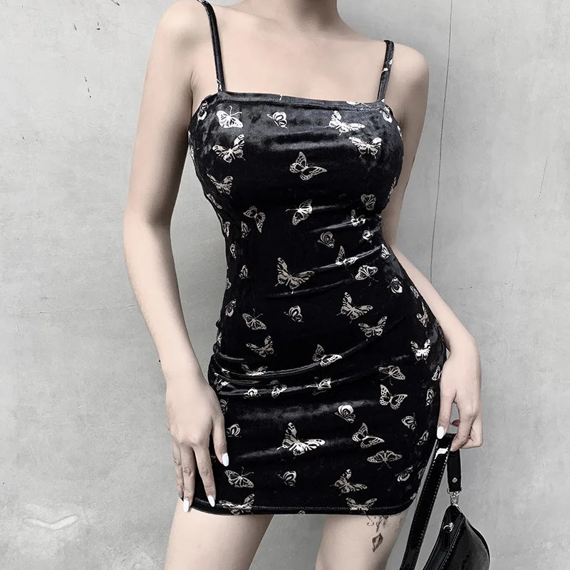 Gothic Black Spaghetti Strap Backless Dress For Women