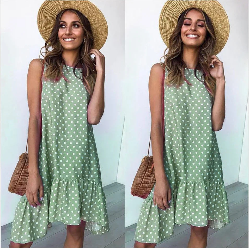 Polka Dot Dress Ruffled Sleeveless Women Round Neck
