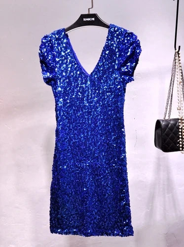 V Neck Sequin Stage Dress For Performance Glittering Look