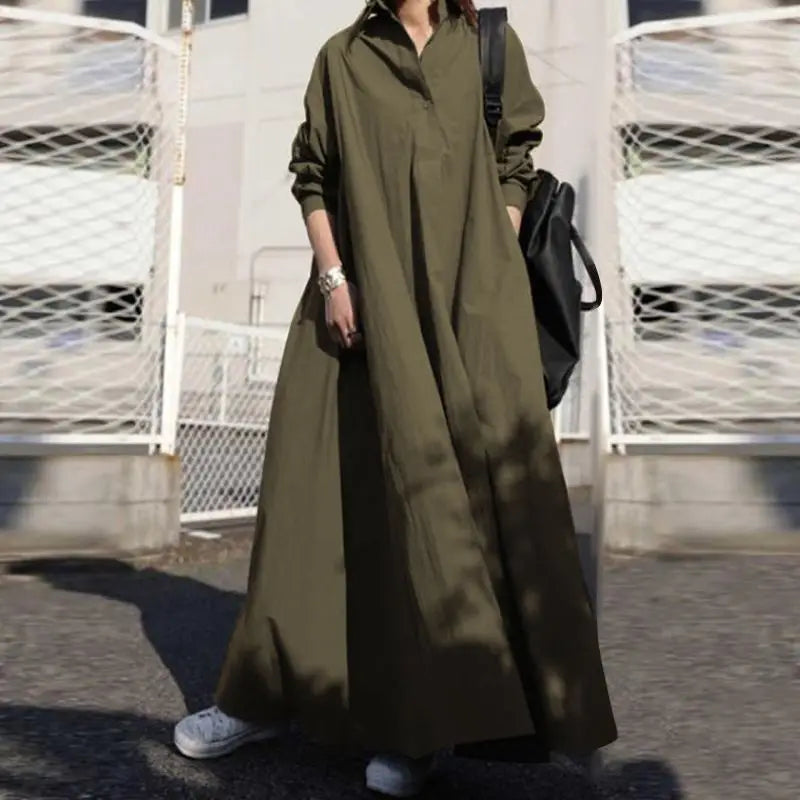 Womens Long Sleeve Maxi Dress With Button Front Pockets