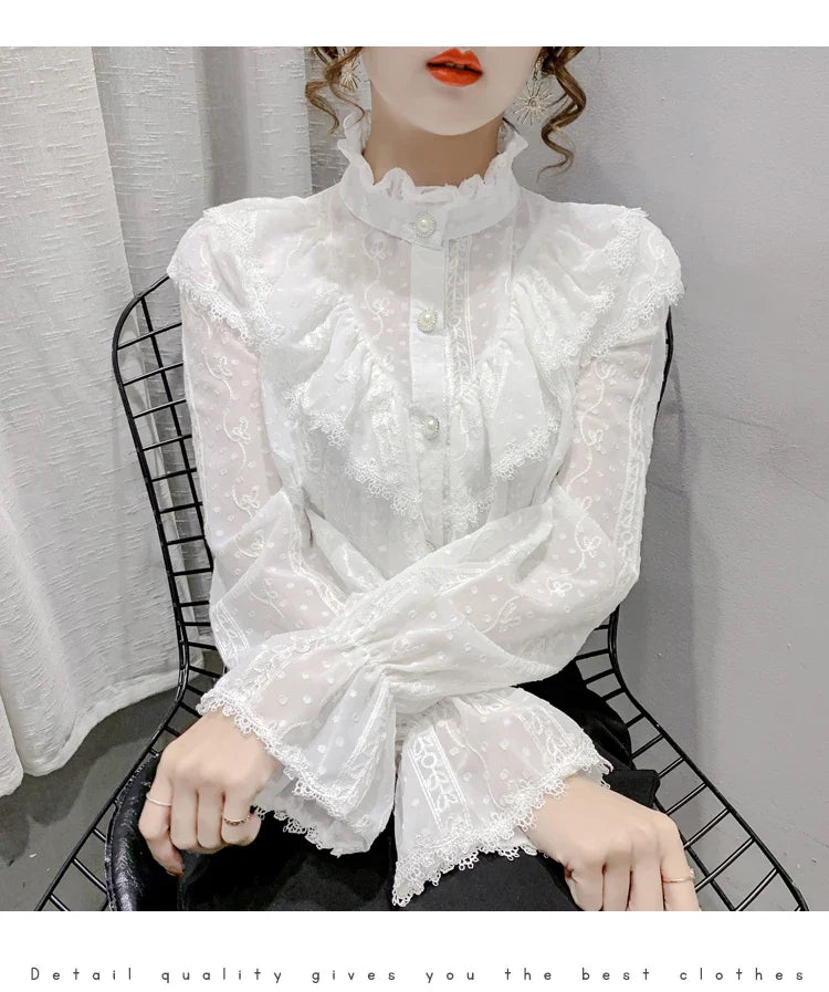 Elegant Women Long Sleeve Loose Button Shirt with Stand Collar Pleated Design Ruffle Lace Blouse Casual Spring Fashion Top