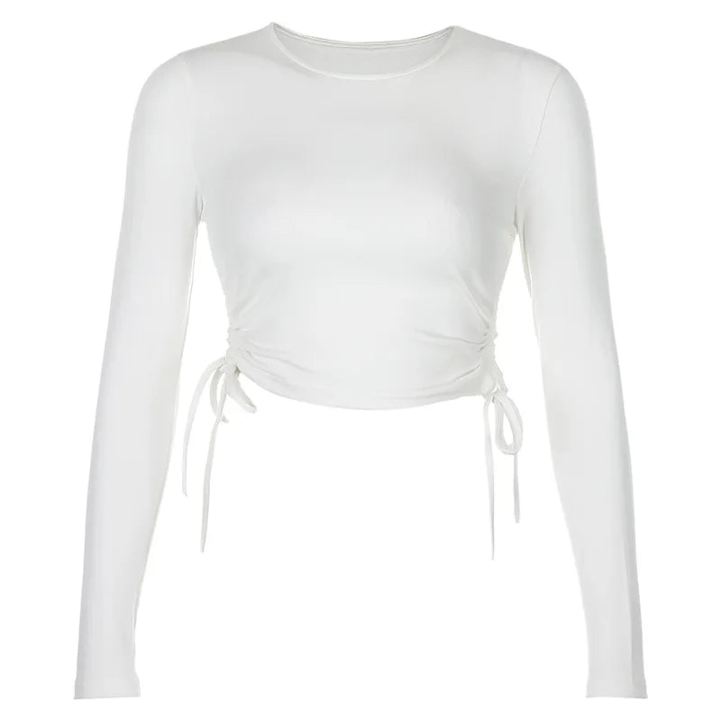 Sexy O-Neck Long Sleeve Bodycon Cropped Top with Irregular Drawstring Bandage Design for Women