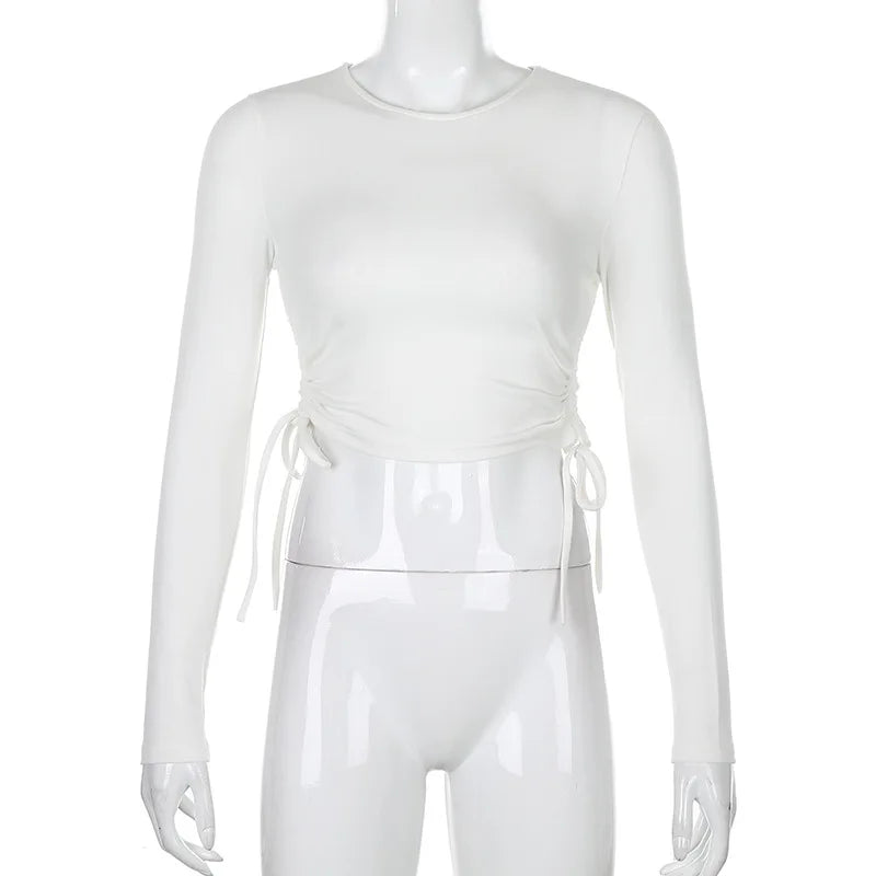 Sexy O-Neck Long Sleeve Bodycon Cropped Top with Irregular Drawstring Bandage Design for Women