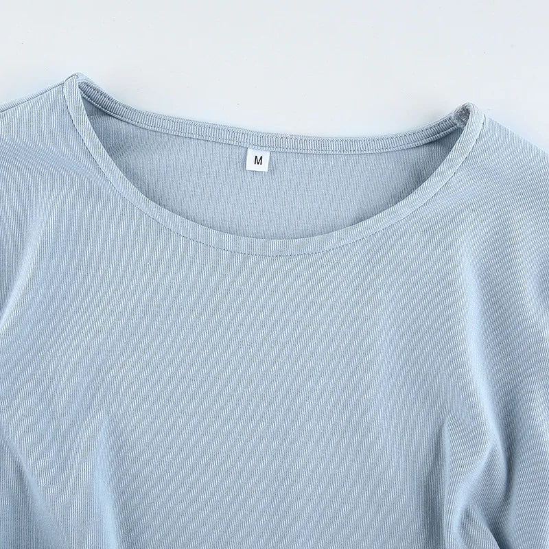 Sexy O-Neck Long Sleeve Bodycon Cropped Top with Irregular Drawstring Bandage Design for Women