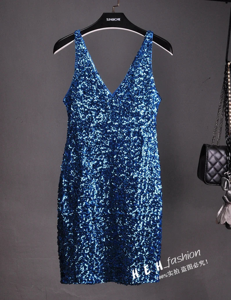 Sequin Dress Sleeveless Backless V Neck Party Nightclub