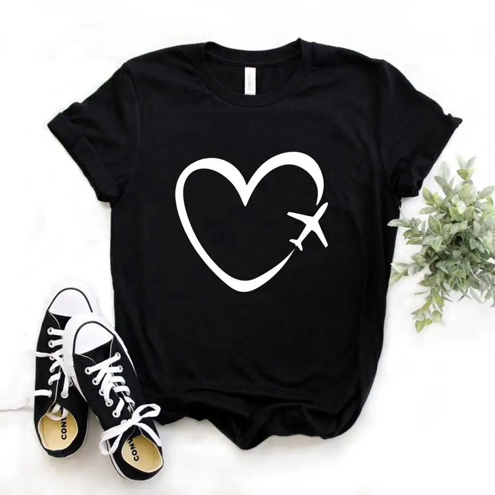 Travel Plane Heart Love Print Cotton Women T Shirt Casual Funny Gift Tee for Young Girls