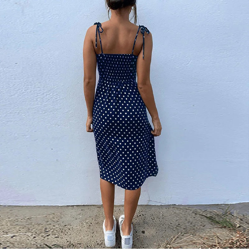 Polka Dot Sleeveless Sundress With Elastic Waist V Neck