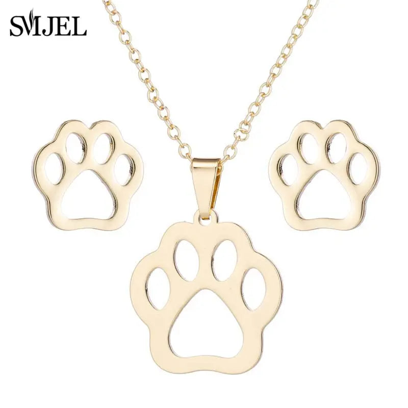 Stainless Steel Dog Paw Necklace and Earring Set for Women Cute Cat Pendant Jewelry Gift