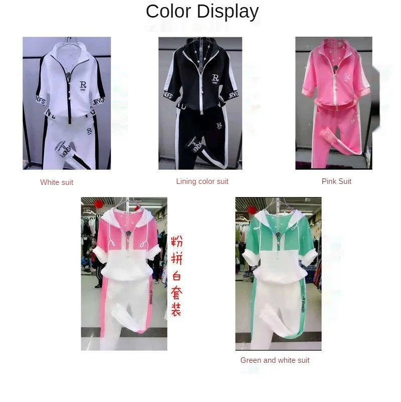 Women's Casual Loose Fit Tracksuit Set with Short Sleeve Hooded Top and High Waist Pants