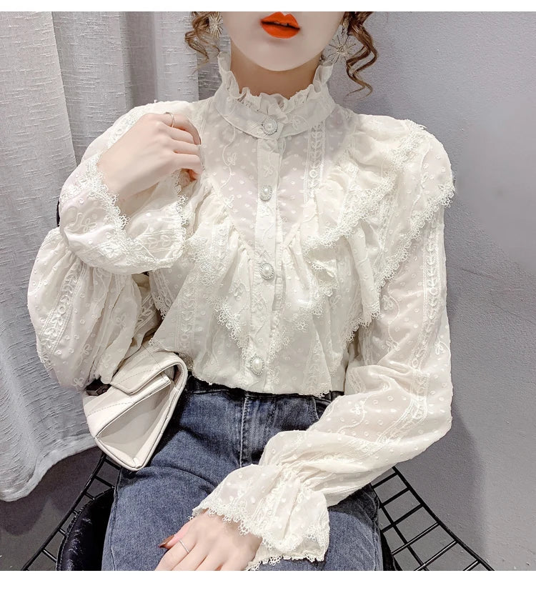 Elegant Women Long Sleeve Loose Button Shirt with Stand Collar Pleated Design Ruffle Lace Blouse Casual Spring Fashion Top