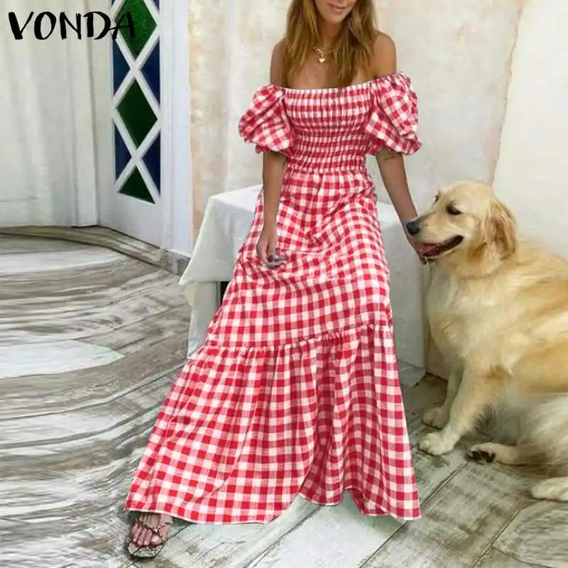 Boho Plaid Maxi Dress With Short Puff Sleeve For Summer