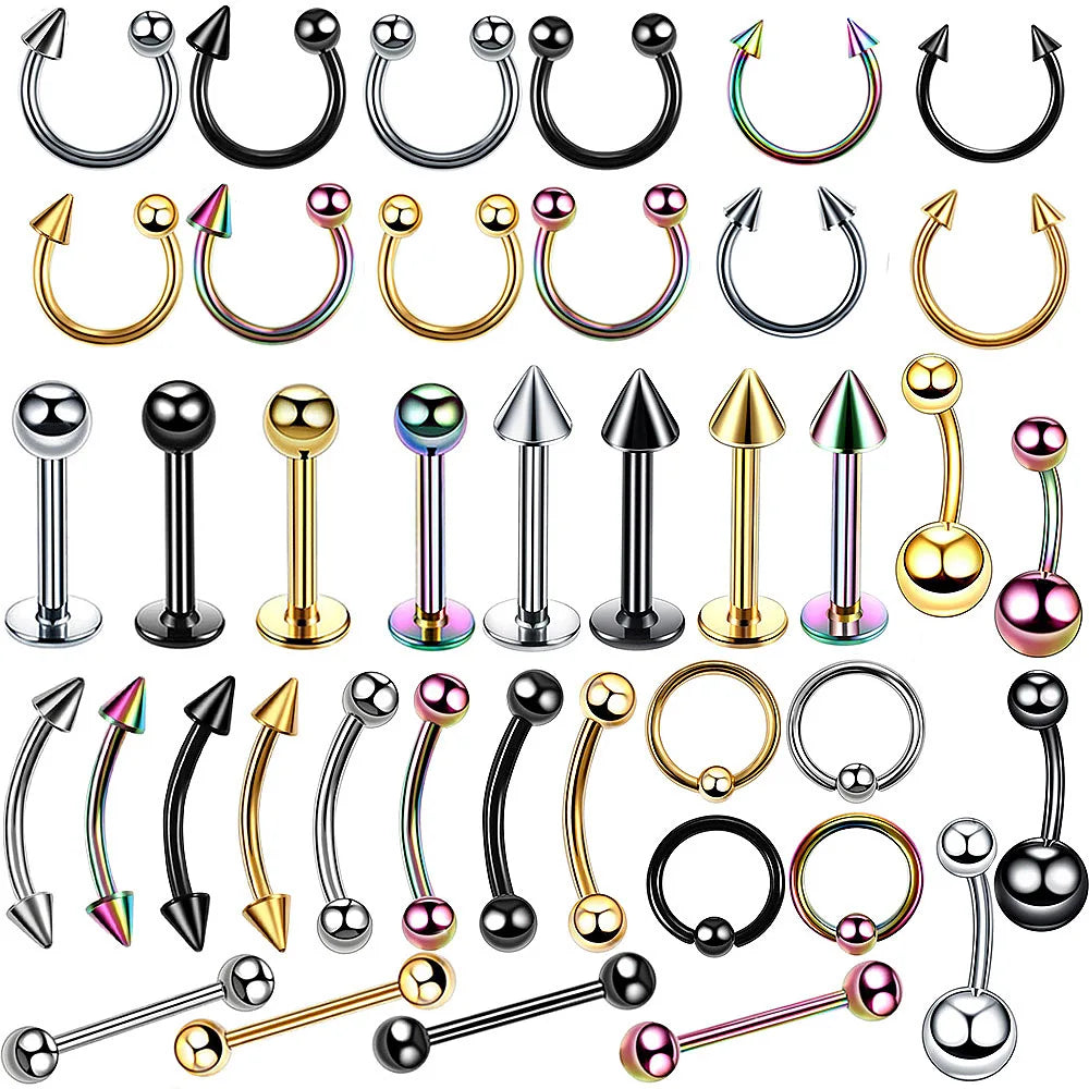 12 Piece Surgical Steel Piercing Jewelry Set with Gold Plated Black Rainbow Ear Nose and Eyebrow Labret 8mm