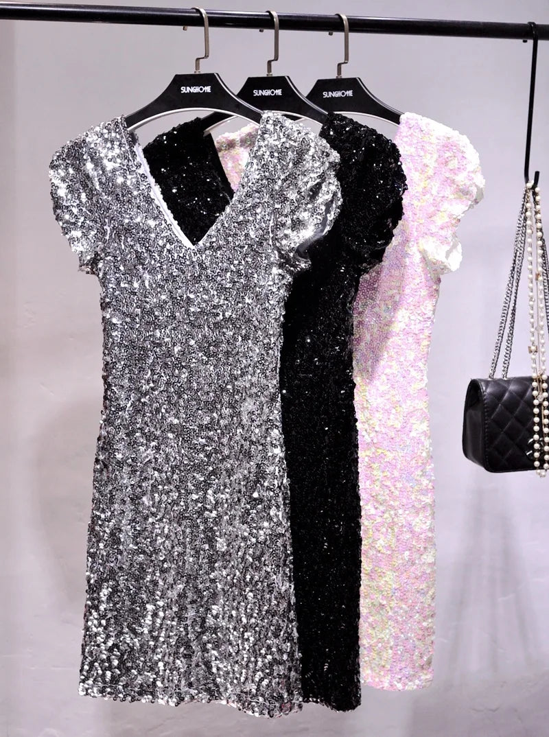 V Neck Sequin Stage Dress For Performance Glittering Look