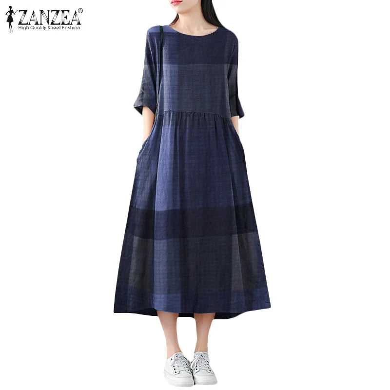 Cotton Linen Dress Plaid Midi With Side Pockets O Neck