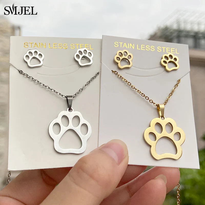 Stainless Steel Dog Paw Necklace and Earring Set for Women Cute Cat Pendant Jewelry Gift