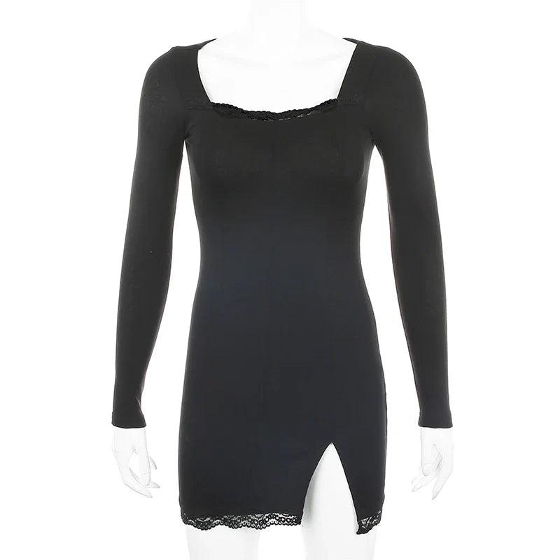 Sexy Lace Patchwork Long Sleeve Split Dress For Party