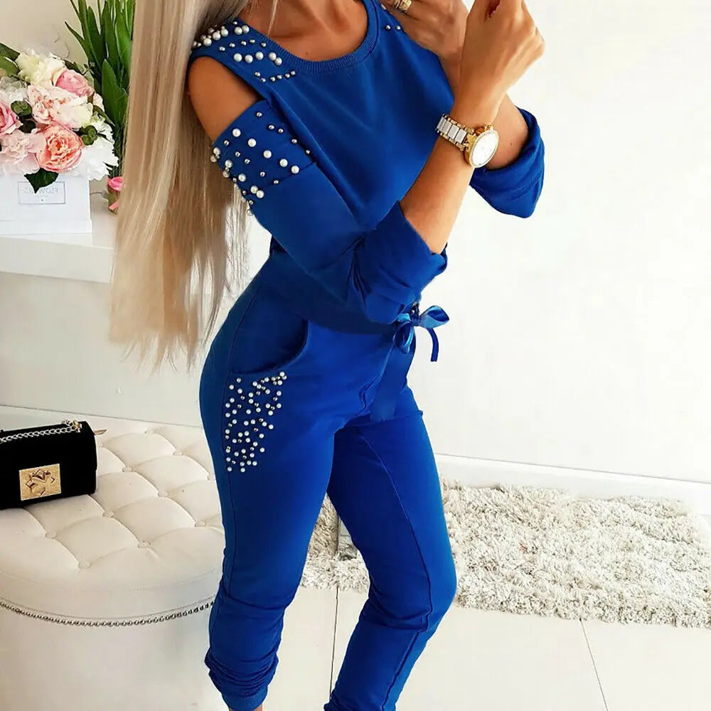 Off the Shoulder Sexy Stud Bead Solid Color Long Sleeve Sports Set