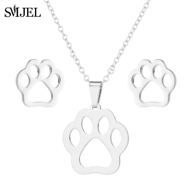Stainless Steel Dog Paw Necklace and Earring Set for Women Cute Cat Pendant Jewelry Gift