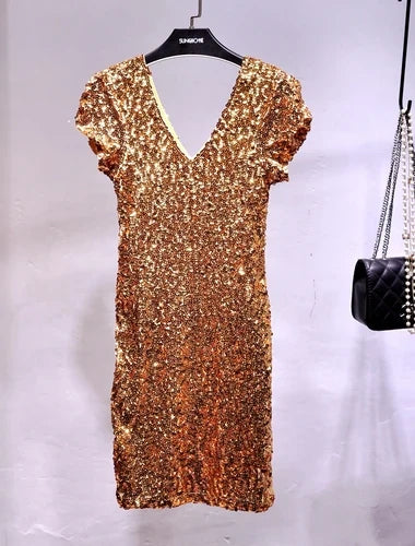 V Neck Sequin Stage Dress For Performance Glittering Look