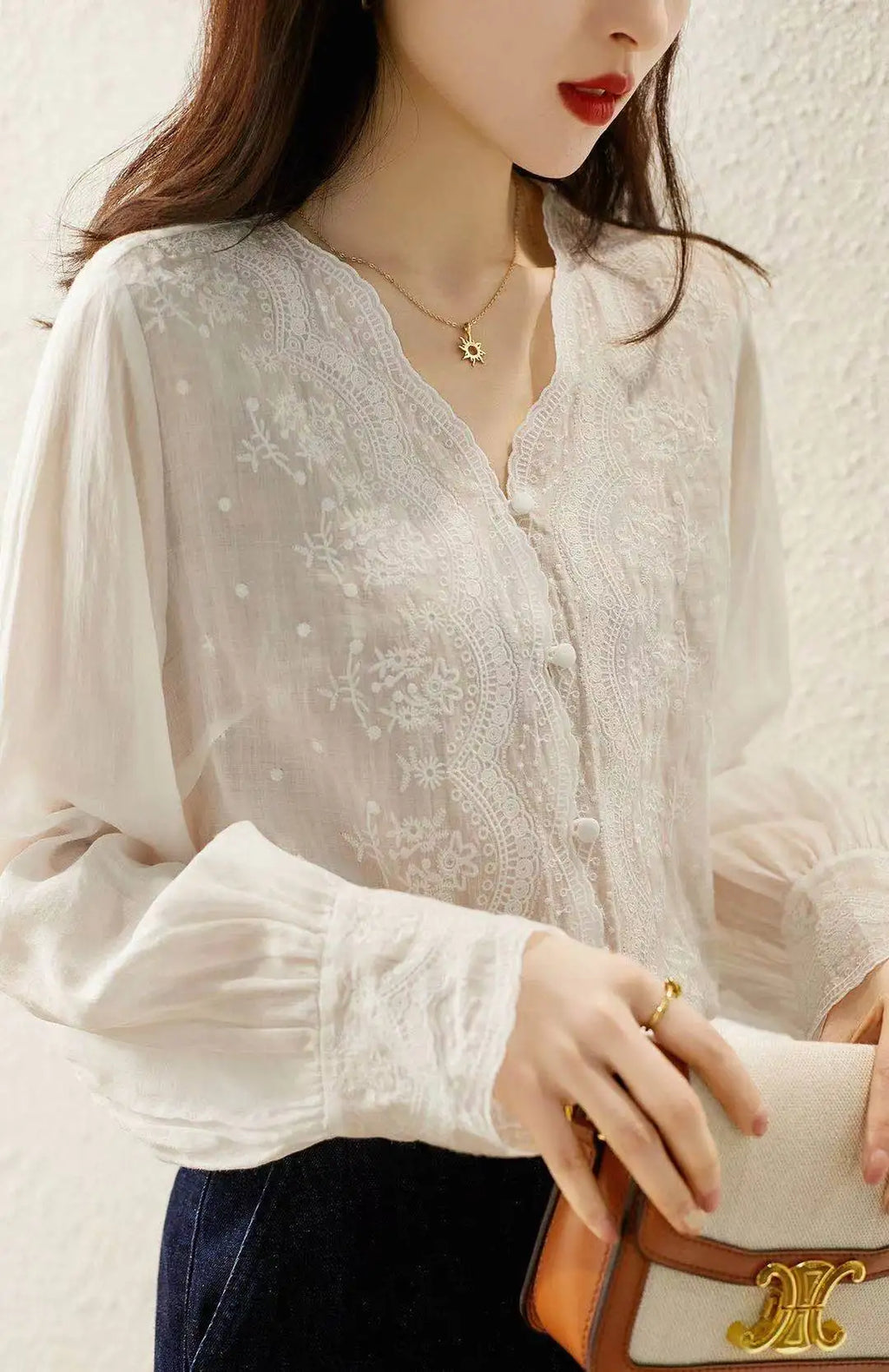 French Embroidery Flower Lace V Neck Linen Blouse Long Sleeve Loose Fit Elegant Sunscreen Shirt for Women Autumn Casual Top