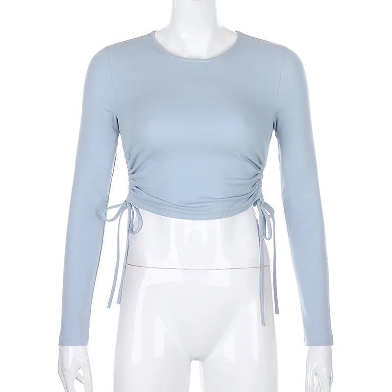 Sexy O-Neck Long Sleeve Bodycon Cropped Top with Irregular Drawstring Bandage Design for Women