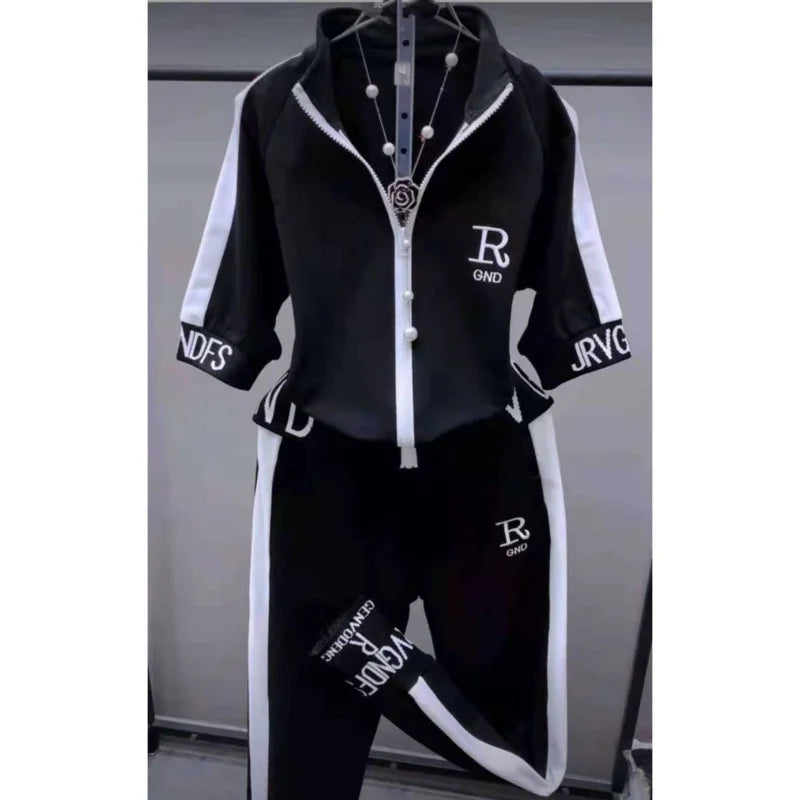 Women's Casual Loose Fit Tracksuit Set with Short Sleeve Hooded Top and High Waist Pants