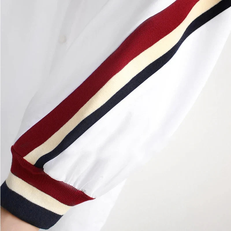 White Oversized Loose Button-Up Stripe Bandage Shirt for Women Long Sleeve Turn-Down Collar Woven Blouse Plus Size Ladies Top