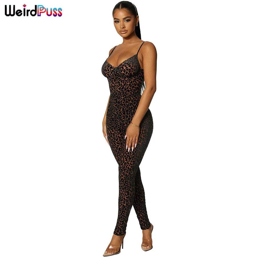 Sexy Leopard Print Skinny Women Jumpsuit Sleeveless Backless Stretch Fit Workout Activewear Party Nightclub Outfit