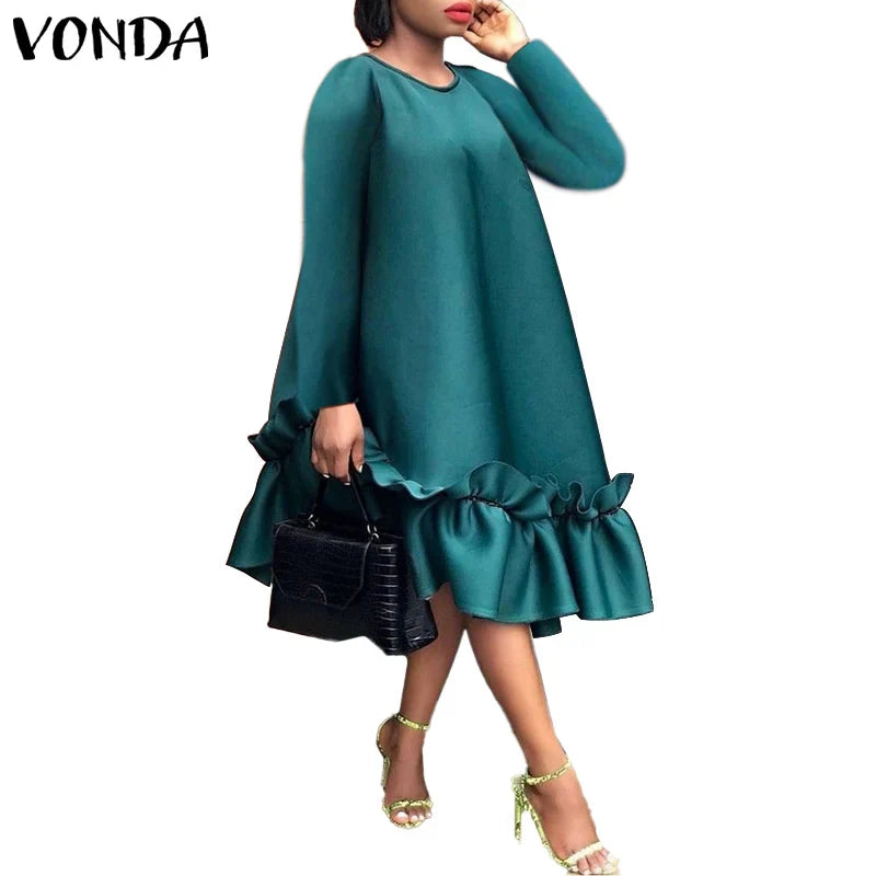 Elegant Ruffled Midi Dress For Women Long Sleeve Sundress