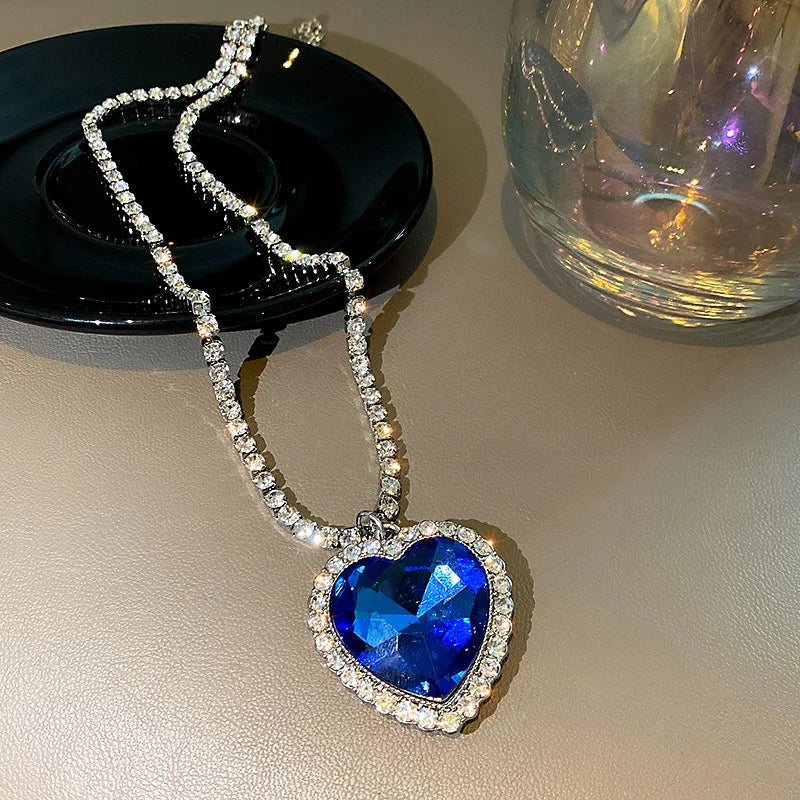 Big Crystal Heart Pendant Necklace for Women with Full Rhinestone Titanic Heart Design in Blue Love Forever Jewelry