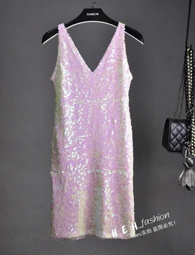 Sequin Dress Sleeveless Backless V Neck Party Nightclub