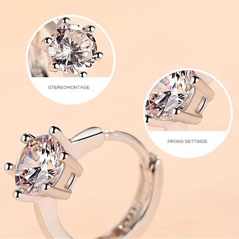 Simple Small Hoop Earrings with Classic 6 Prong Solitaire Shiny Zircon Elegant Design for Daily Wear