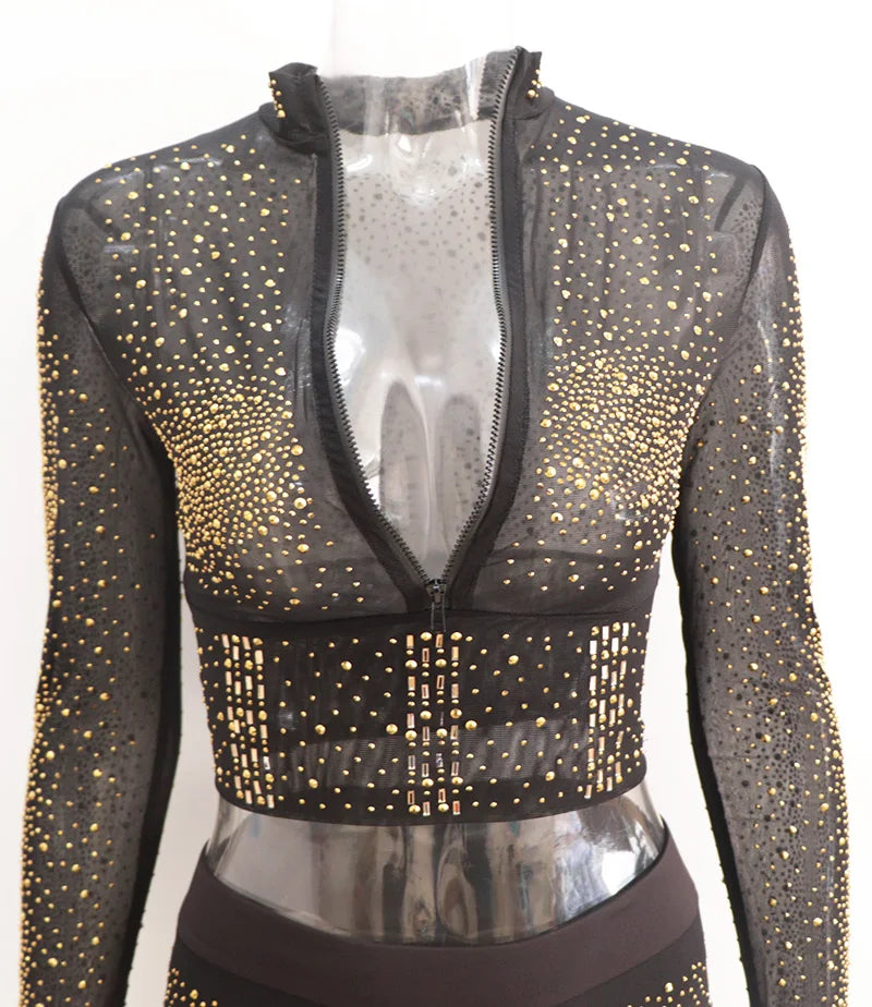 Sexy Black Diamond Crystal Pant Set for Women with Long Sleeve Zipper Top and Sheer Pants Suit for Parties and Clubs