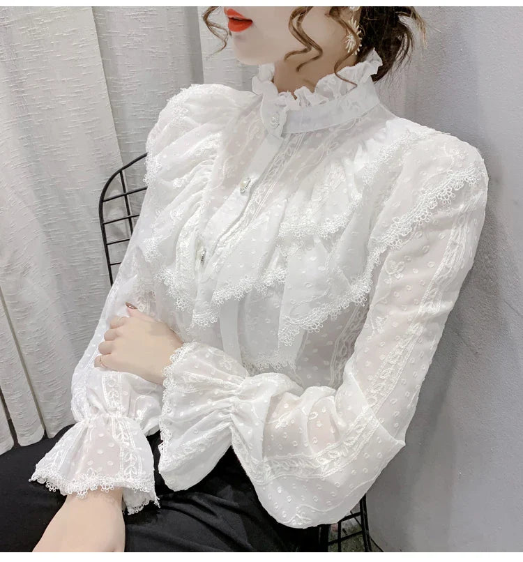 Elegant Women Long Sleeve Loose Button Shirt with Stand Collar Pleated Design Ruffle Lace Blouse Casual Spring Fashion Top