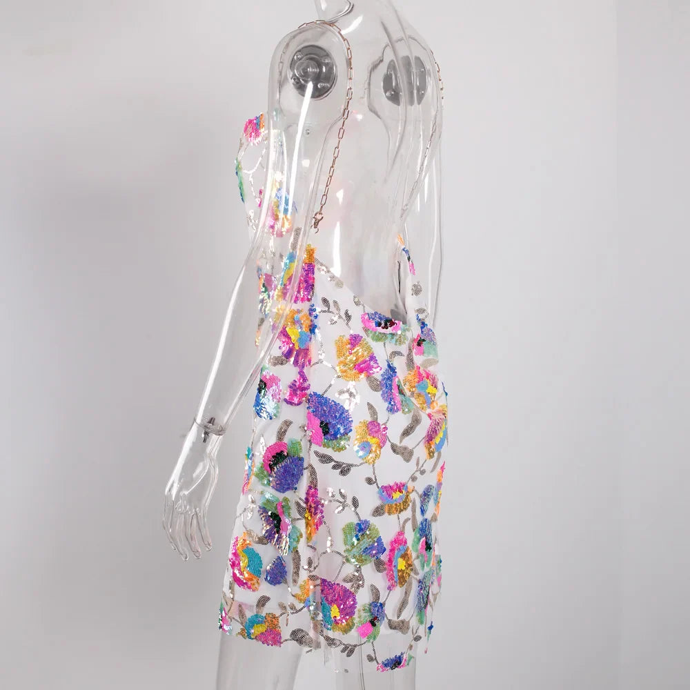 Floral Sequined Backless Mini Dress For Night Out Clubbing