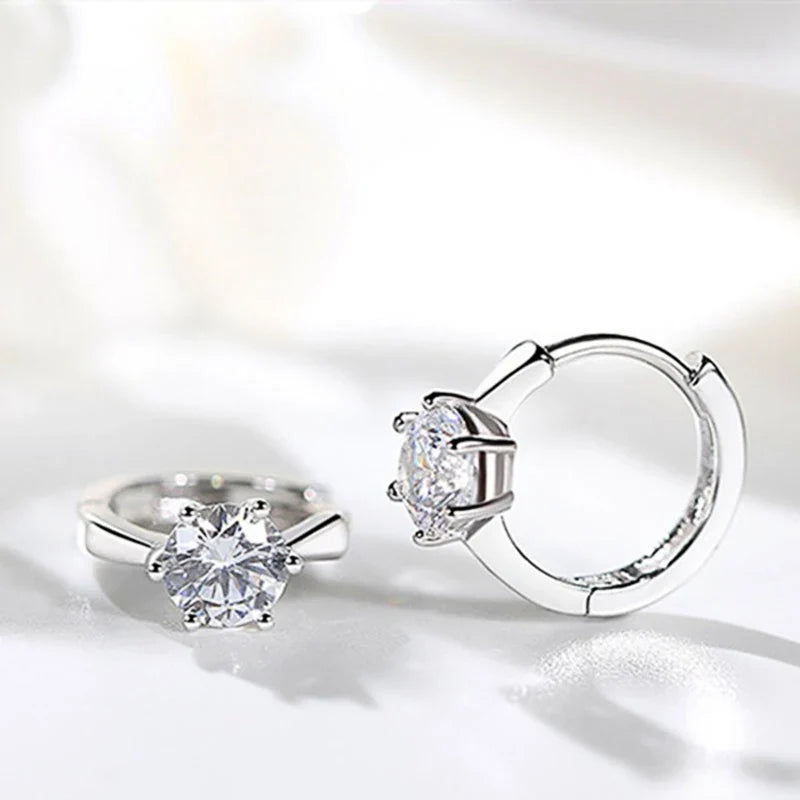 Simple Small Hoop Earrings with Classic 6 Prong Solitaire Shiny Zircon Elegant Design for Daily Wear