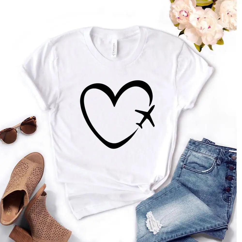 Travel Plane Heart Love Print Cotton Women T Shirt Casual Funny Gift Tee for Young Girls