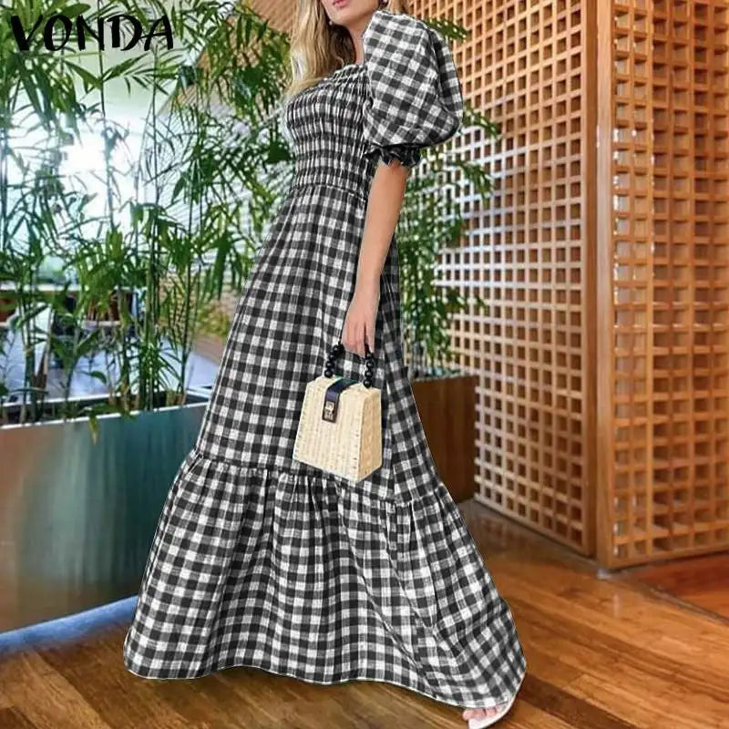 Boho Plaid Maxi Dress With Short Puff Sleeve For Summer