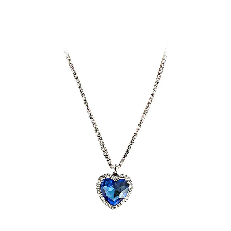 Big Crystal Heart Pendant Necklace for Women with Full Rhinestone Titanic Heart Design in Blue Love Forever Jewelry
