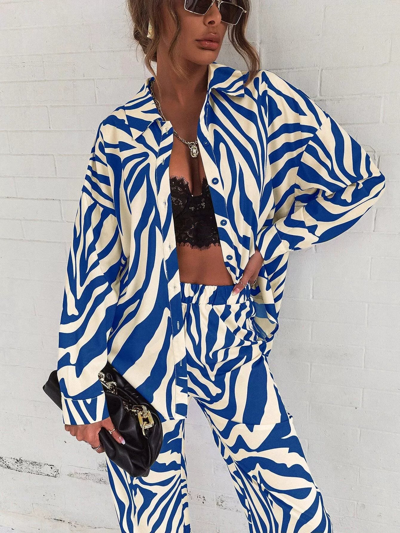 Trendy Print Off Shoulder Shirt and Trouser Set with Long Sleeve Design