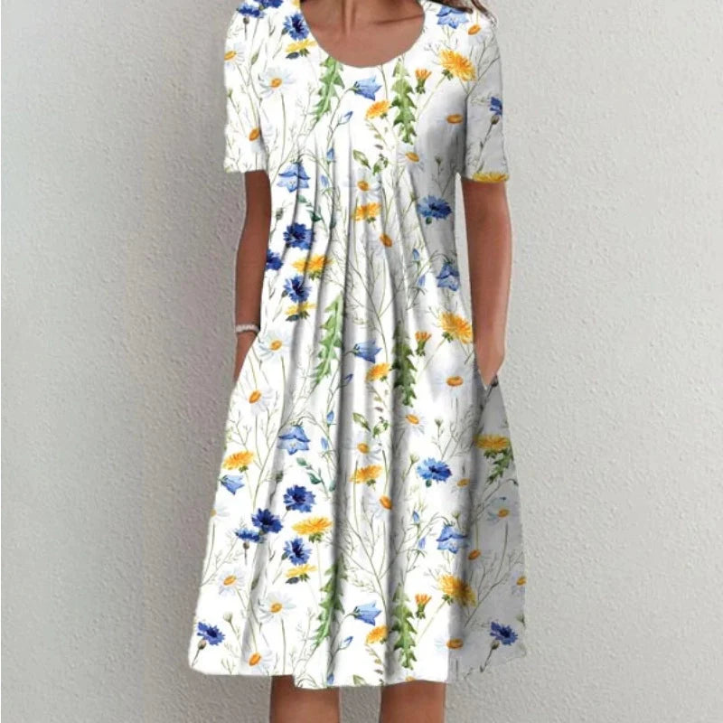Elegant Swing Dress Round Neck Short Sleeve Printed